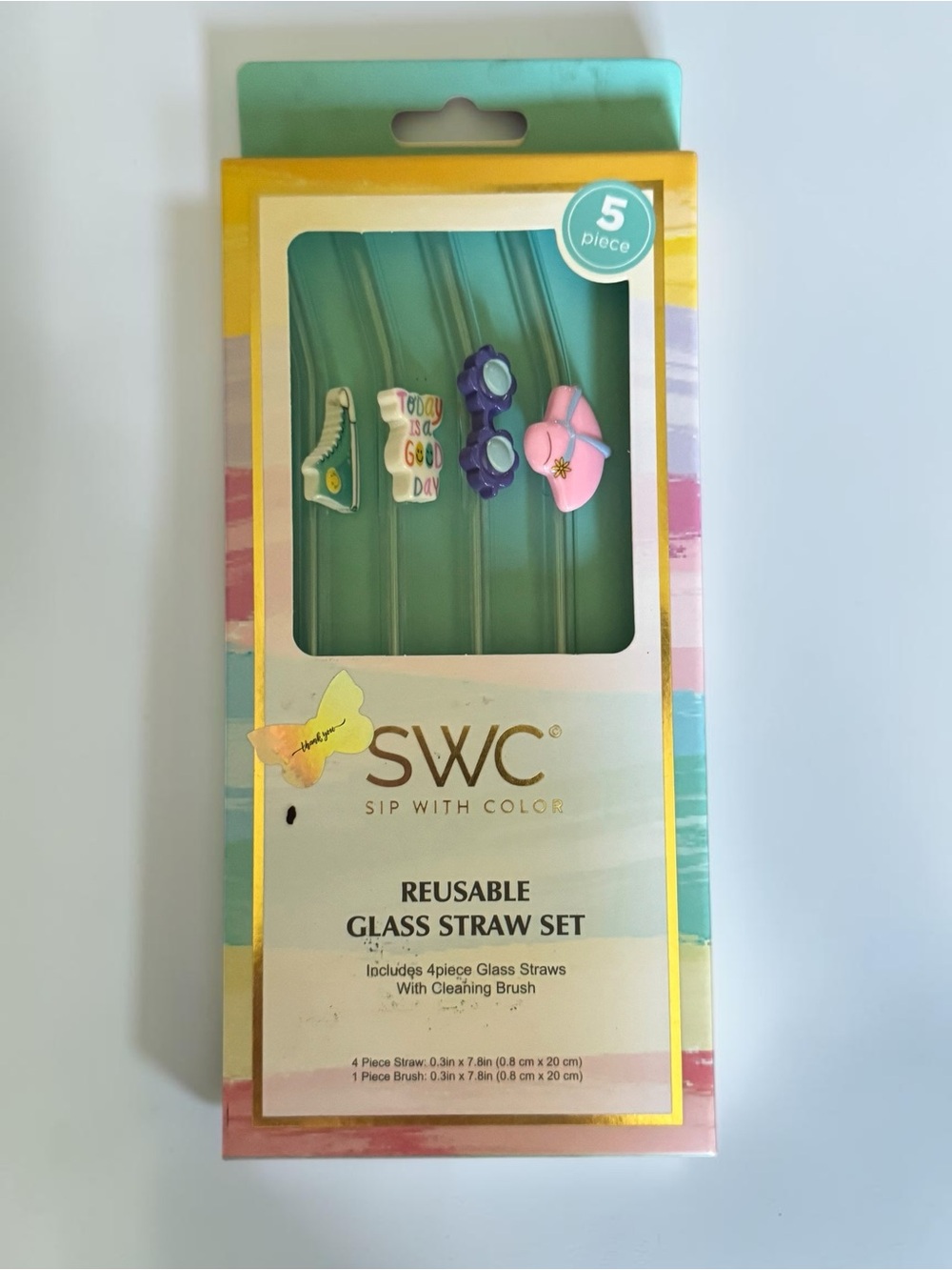 Reusable Glass Straw Set - Mint with Decorative Charms NIP